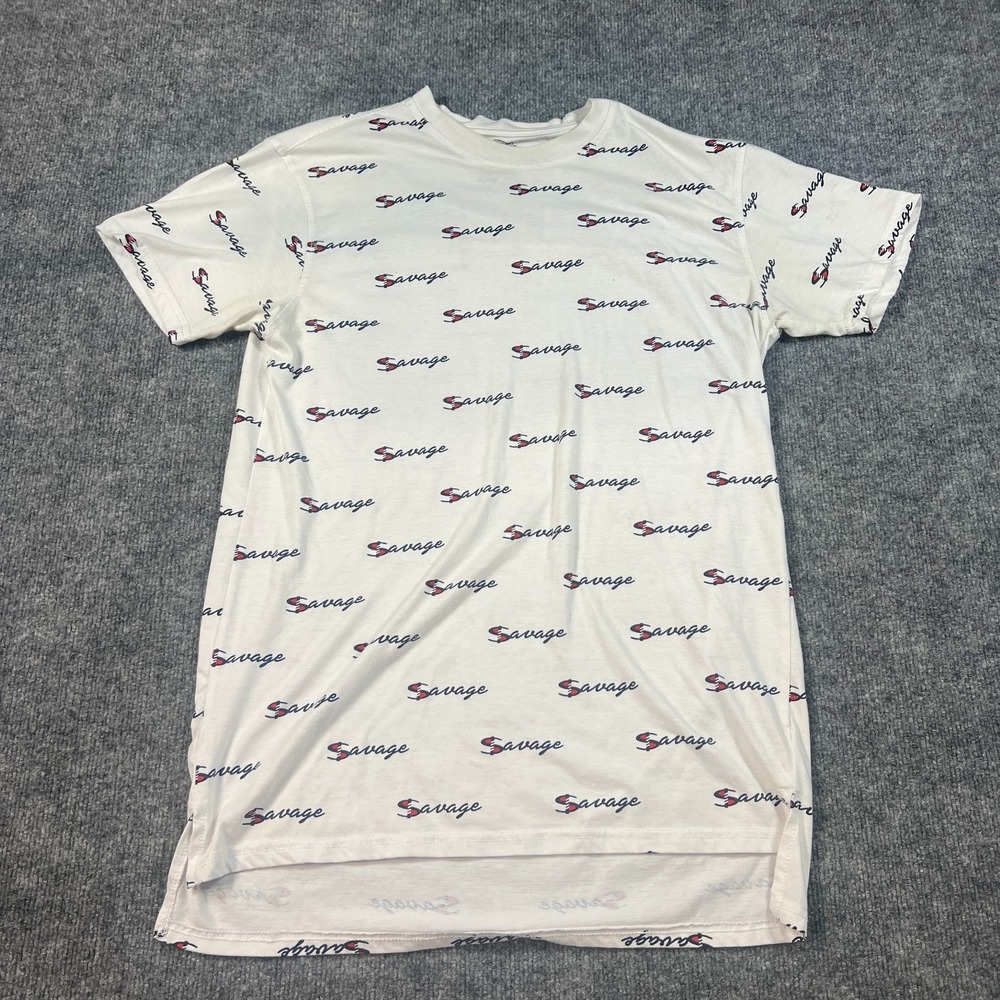 Bleecker And Mercer T Shirt Mens Small White Savage Allover Print High Low Hem‎